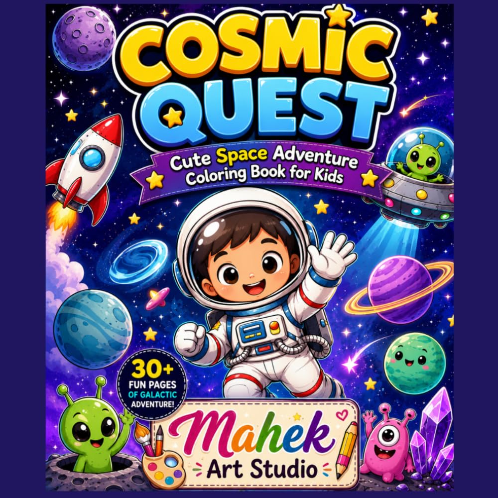 Cosmic Quest: Cute Space Adventure Coloring Book for Kids: Fun Astronauts, Friendly Aliens, Rockets, Planets & Galactic Adventures