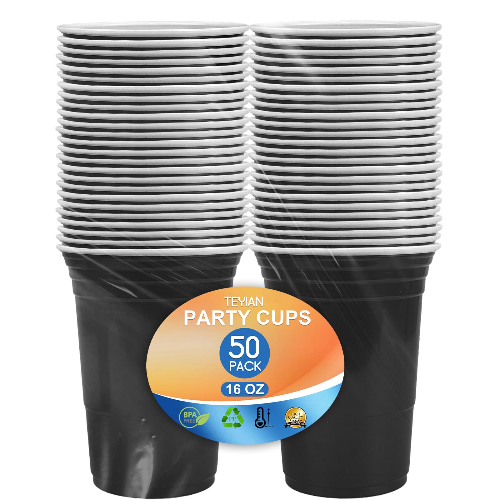 TEYIAN 50Pcs Plastic Cups 16oz/470ml Black Party Cups Drinking Cup Reusable & Recyclable for All Events Birthdays, Weddings, Picnics, Christmas, Anniversary Party