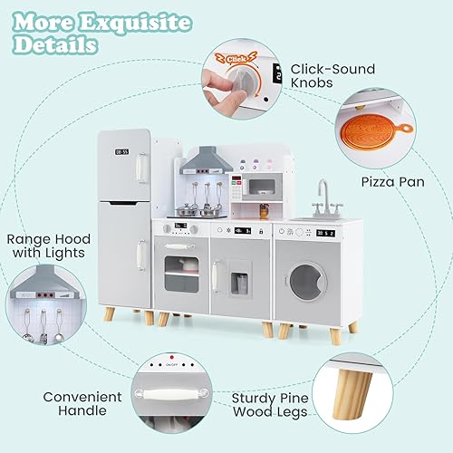 Miniatura 6 de HONEY JOY Juego de cocina para niños, 3 piezas, modular de madera de esquina, juego de cocina, refrigeradorlavadora y fregadero, campana extractora
