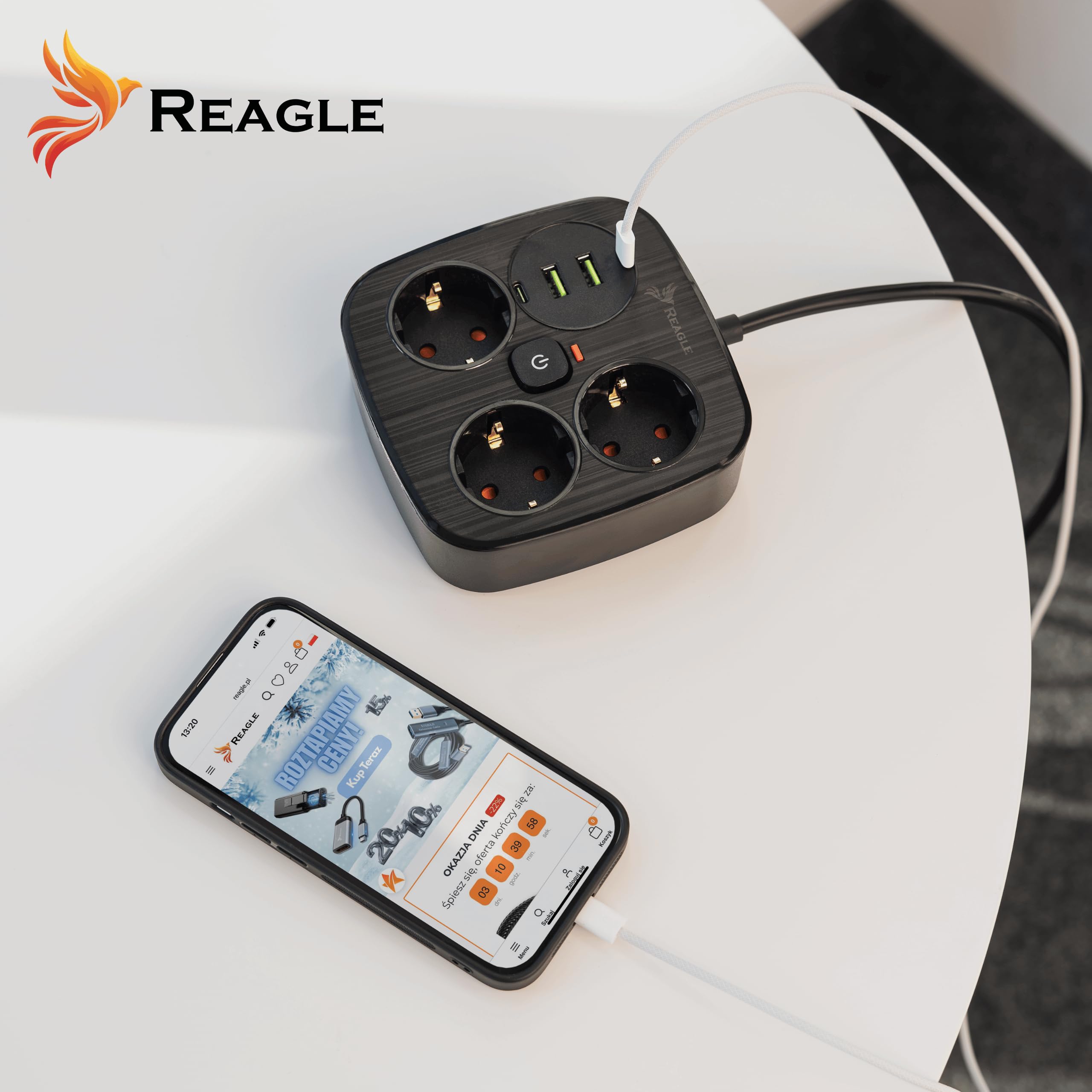 Reagle Listwa Zasilająca z 4 portami USB 2x USB 2x USB-C, Antyprzepięciowa, 3 Gniazda 230V, Przedłużacz Rozdzielacz z przełącznikiem do Oszczędzania Energii do domowego biura Kabel 3M
