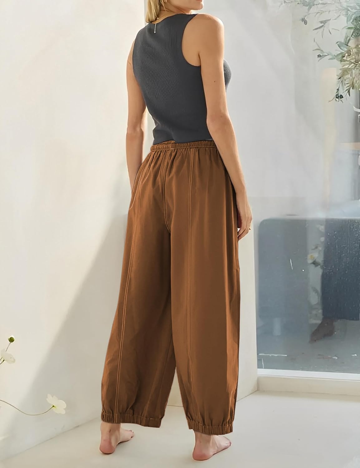 Himosyber Womens Baggy Wide Leg Pants Casual Loose Elastic Drawstring Waist Harem Pants with Pockets - Image 4