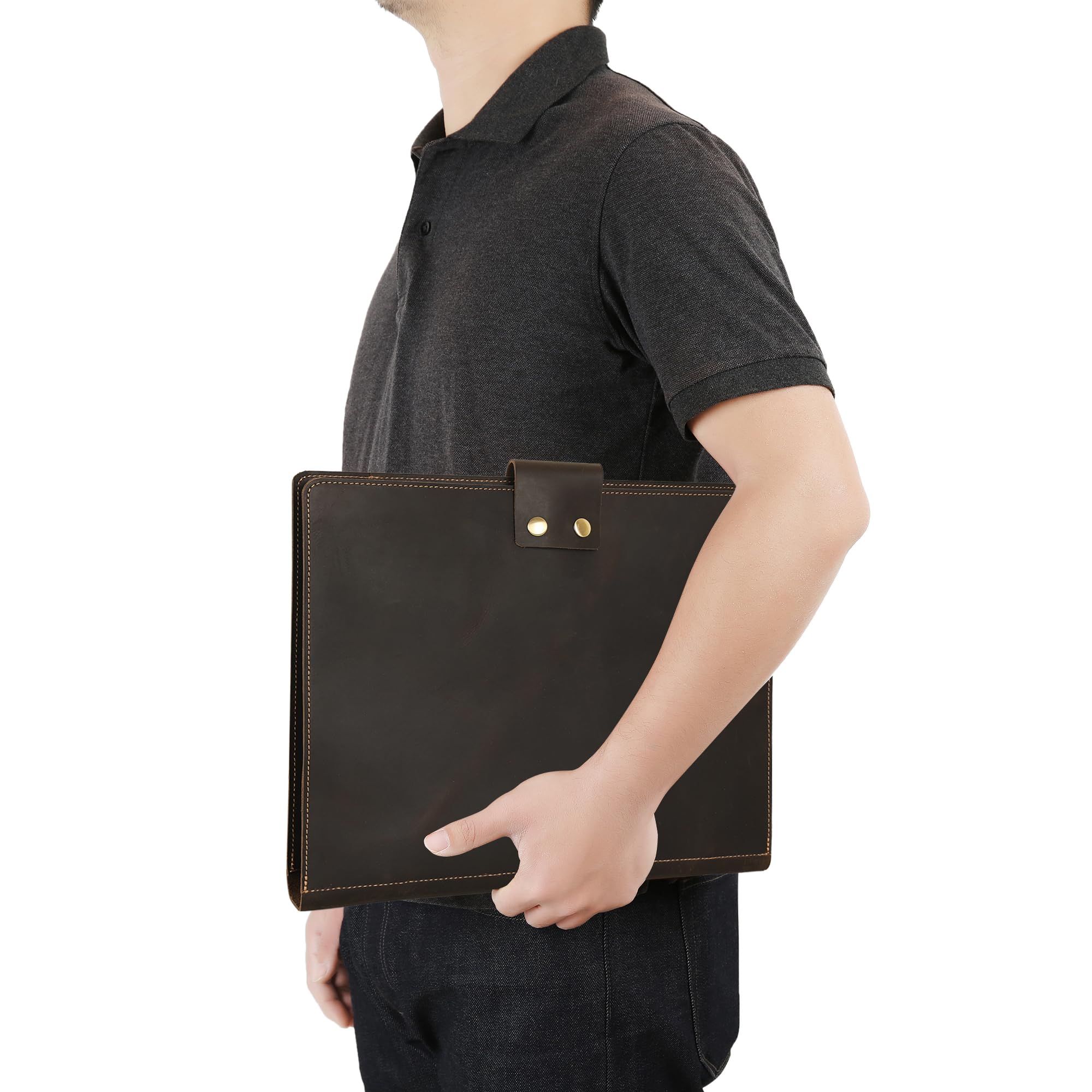 Handgefertigter Notenordner aus Leder, Notenhefter, personalisierter Notenhalter, Lederbinder mit 3 Ringen für 21,6 x 28,9 cm Notenblätter mit transparentem Blattschutz, dunkles Kahki