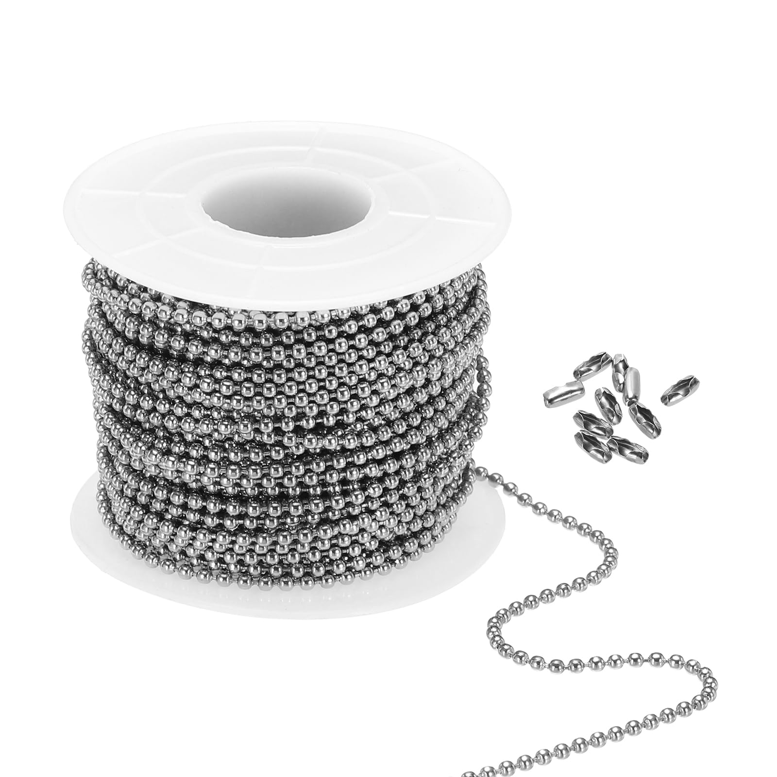 PATIKIL 2mm x 56ft 304 Stainless Steel Ball Chain, 1 Set Ball Chain Bead with 100 Pcs Matching Connector Clasp for Curtain Blind Pull, Tag Rings, DIY Crafts