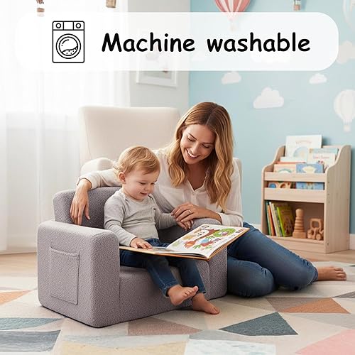 Miniatura 7 de Tiita Sofá para niños, sofá infantil 2 en 1, sofá convertible para niños, sofá convertible para niños, sofá plegable para niños o niñas (gris)