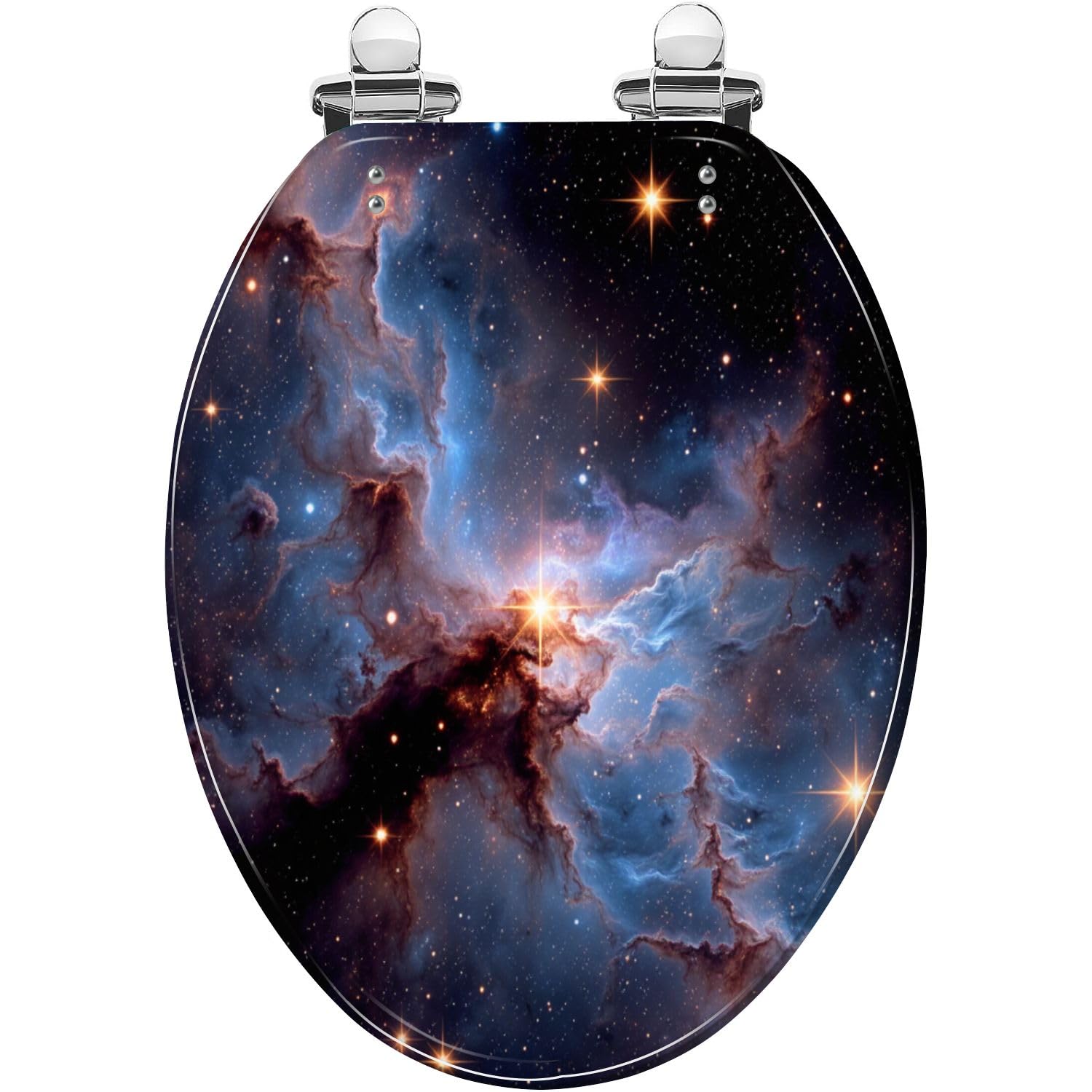 Asiento de inodoro alargado decorativo: resina de nubes de gas con estrellas brillantes de nebulosa cósmica, bisagras de liberación rápida de cierre silencioso, fácil de limpiar e instalar