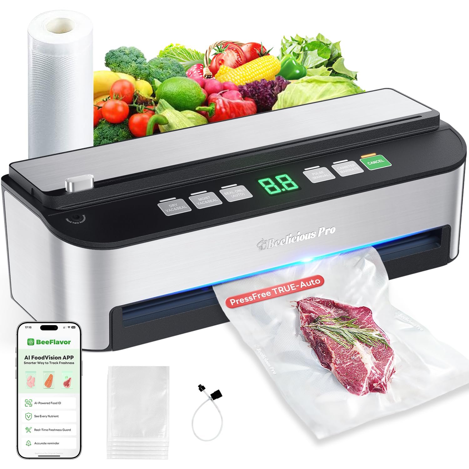 PressFree TRUE-Auto Vacuum Sealer Machine, Beelicious 85KPA Fully Automatic 8-IN-1 Food Sealer with Bags Storage, Build-in...