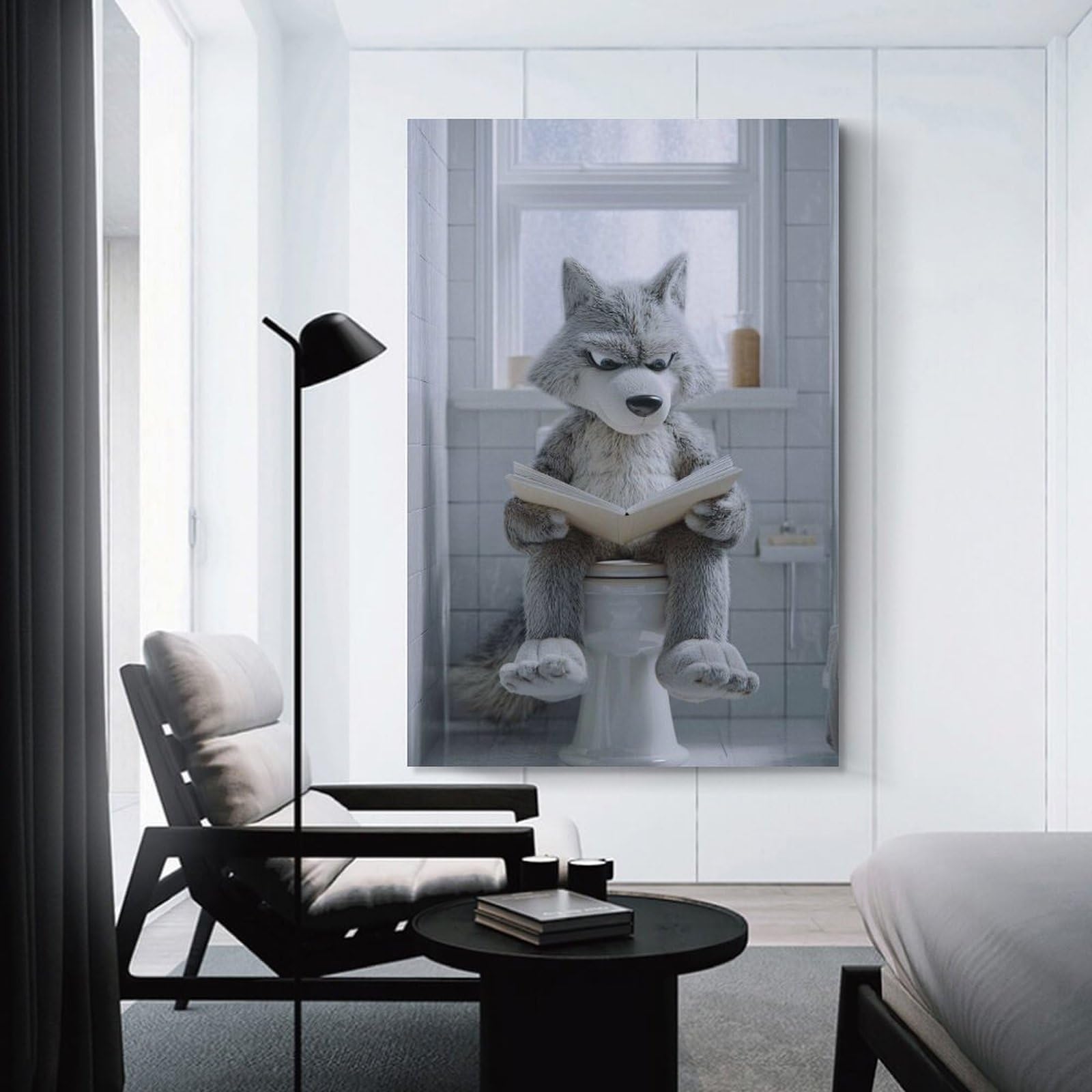 Junmoney Wolf Reading on A Toilet Canvas Wall Decor 20x30inch(50x75cm), for Workspace Walls, Study Corners Or Bedrooms, Decorative Artwork for Productive Spaces