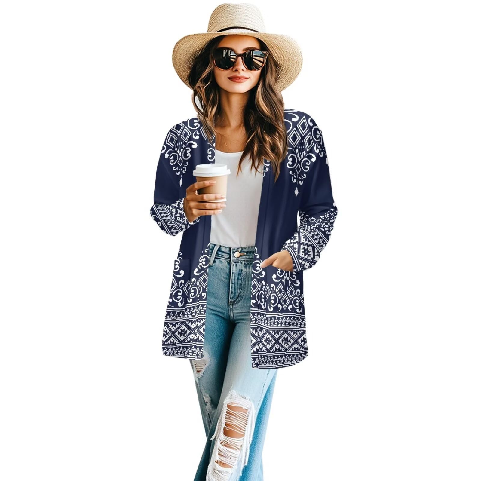 Women's Aztec Open-Front Jacket Lightweight Casual Outerwear Native Western Aztec Pattern &amp; Plaid Houndstooth Print