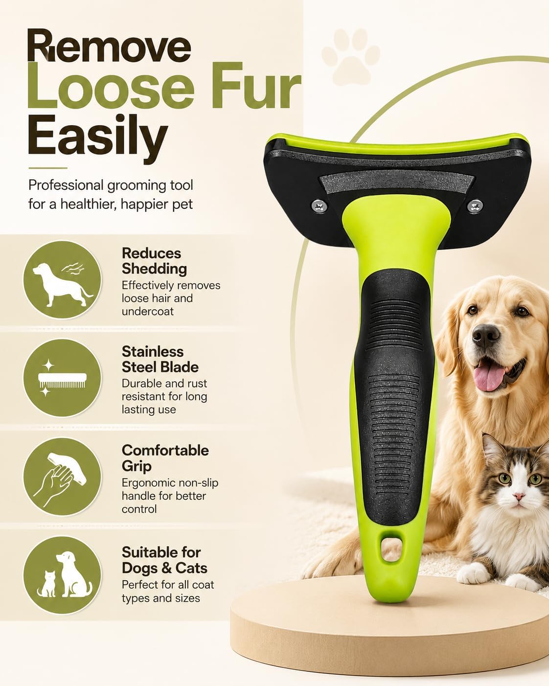 Dog Deshedding Brush for Shedding, Undercoat Grooming Tool for Dogs & Cats, Long & Short Hair
