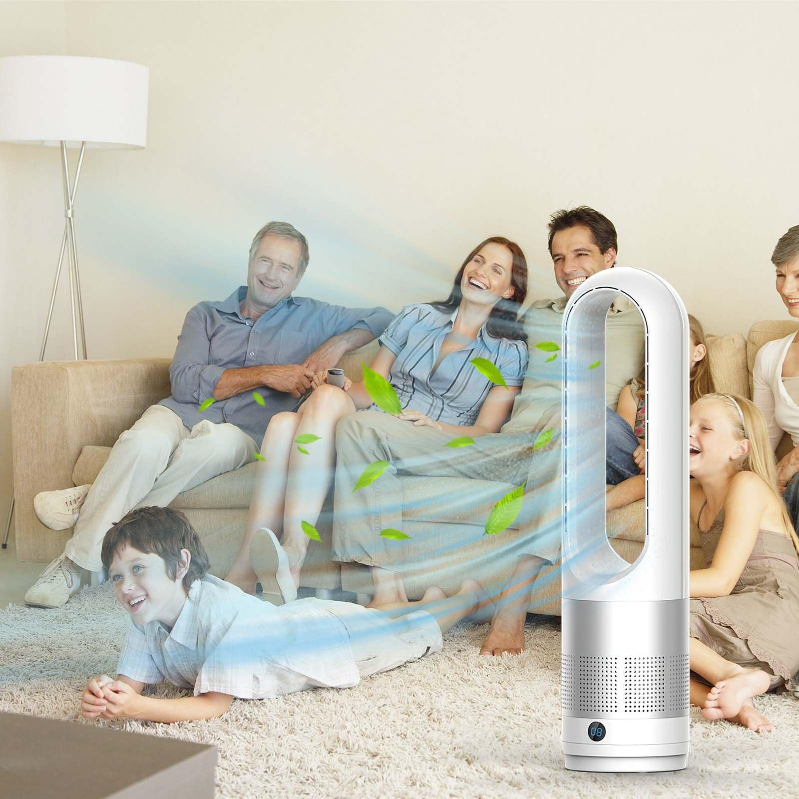 Ventilatore senza rotore con purificatore d'aria, ventilatore a torre silenzioso da 18 pollici con telecomando, 8 velocità, oscillazione a 80°, timer 8H, indicatore LED, ventilatore senza lama, per