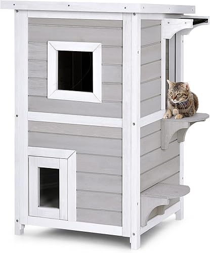 Tangkula Casa para gatos al aire libre de madera, 2 pisos fuera de refugio para gatos con puerta de escape, techo de asfalto abierto, plataforma de
