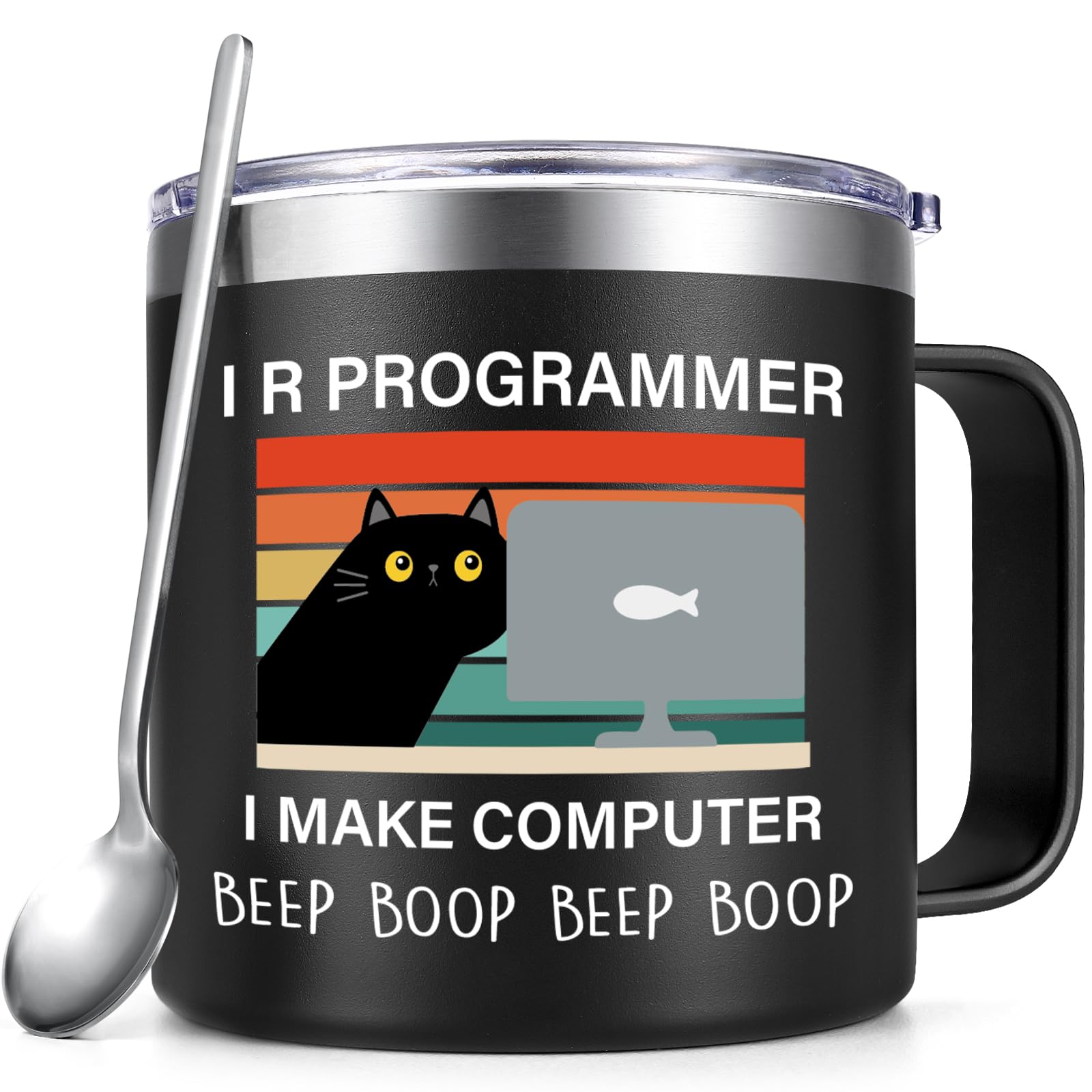 Qtencas Programmer Gifts for Men Women, I R Programmer I Make Computer Beep Coffee Mug, Stainless Steel Mug for Programming Student Graduation, Christmas Birthday Gifts for Nerds, Cat Lover, 14oz