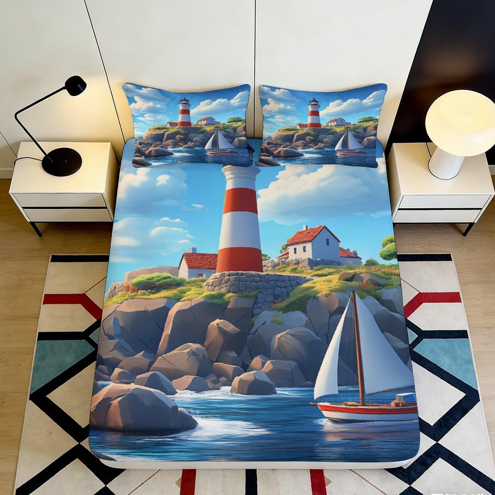 3D Printed Lighthouse Seaside Fitted Sheet Microfiber Nautical Sailboat Mattress Cover for Bedroom Guest Room Decor 90x200x25cm