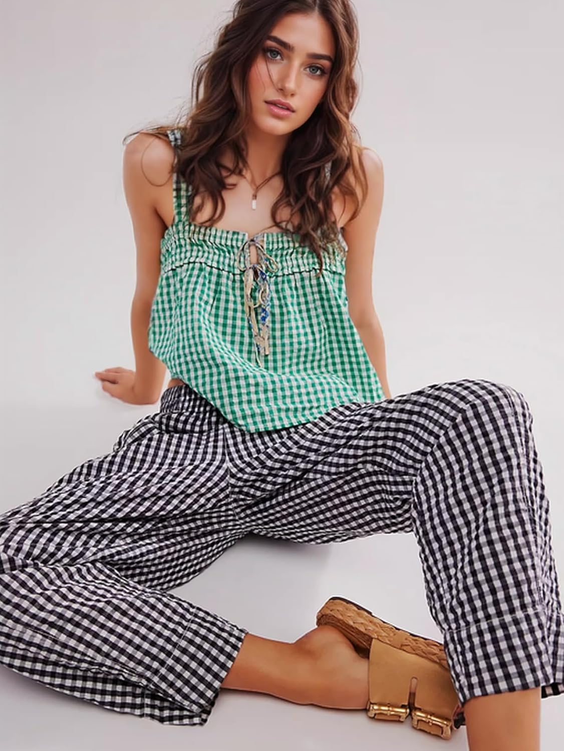 Women's Plaid Pant Gingham Lounge Pants Wide Leg Mid Rise Elastic Waist Checkered Long Trousers with Pockets - Image 5