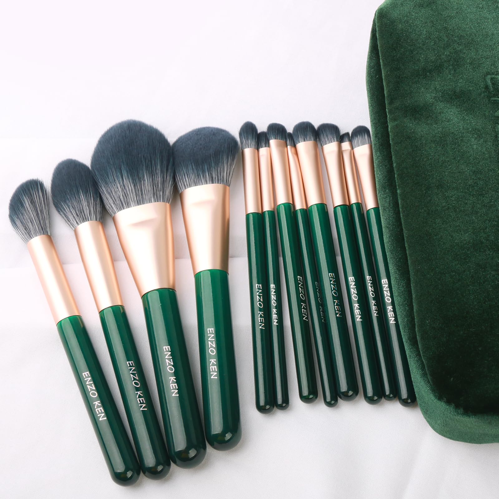 ENZO KEN Juego de Brochas de Maquillaje de Fibra Natural y Pelo de Cabra Professional, Set de Brochas de Maquillaje para Pelo Combinado con Bolso de Mano, Brochas Verde de Pelo Natural.