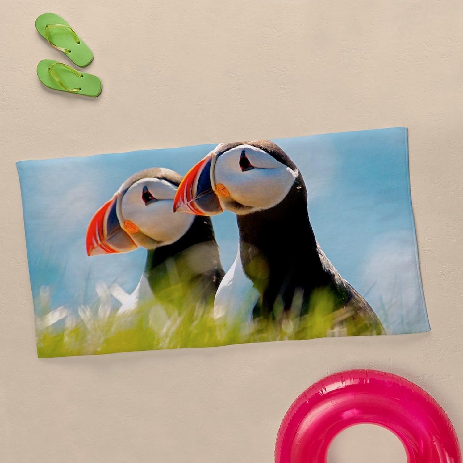 CafePress Puffin Pair 12.1X6.1 30"x60" Absorbent Cotton Back, Soft Beach, Pool Towel