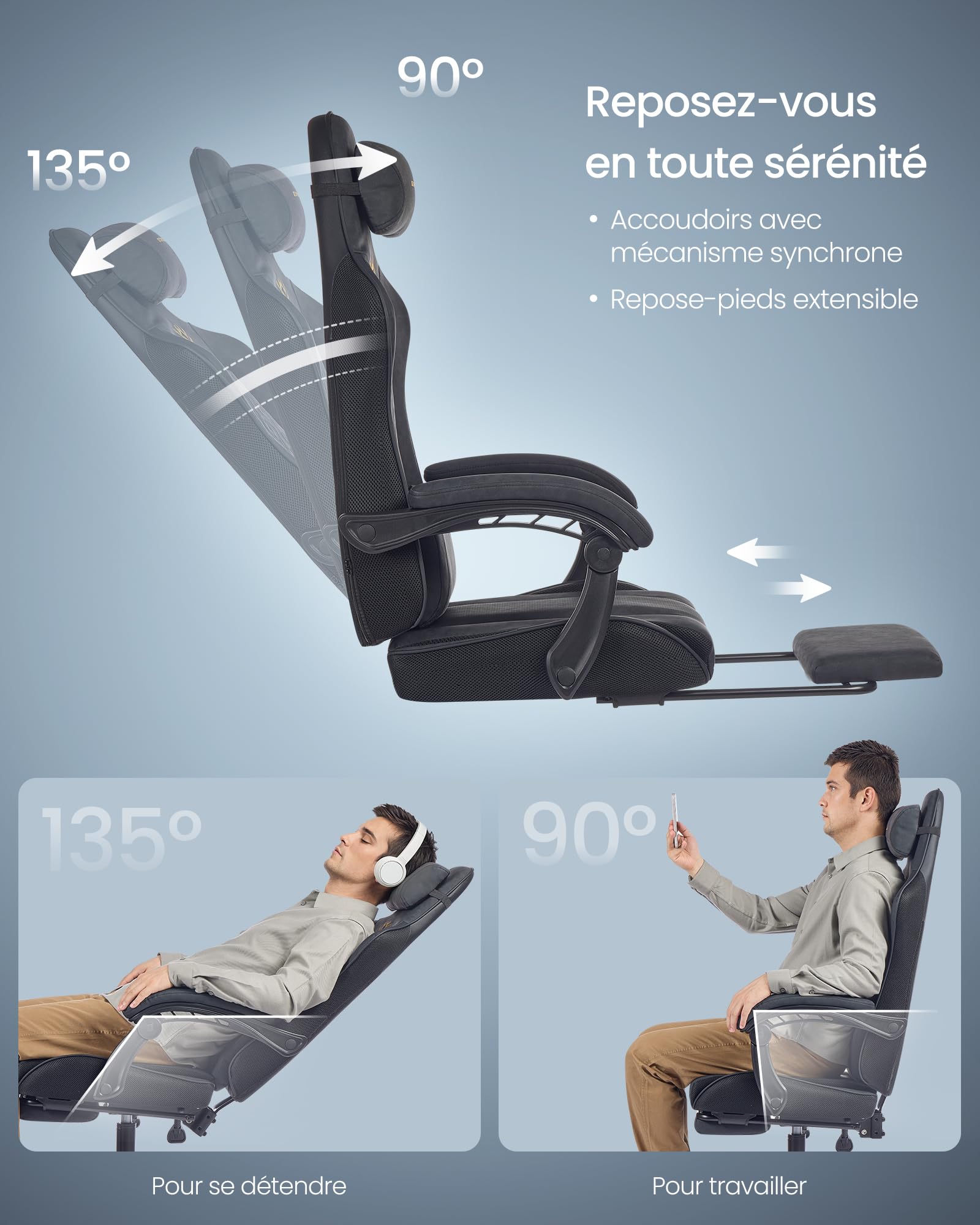 SONGMICS Chaise Gaming, Chaise de Bureau, Ergonomique, Fauteuil Gaming, Coussin d’Assise à Ressorts, Repose-Pieds, Accoudoirs avec Mécanisme Synchrone, Noir d'encre OBG079B01