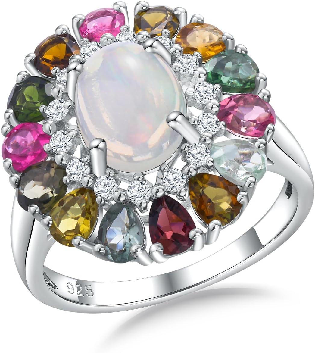 AIBAO Genuine Turquoise/Opal Engagement Rings for Women Hypoallergenic Sterling Silver Gemstone Statement Cocktial Rings Western Boho Jewelry Size 5 to 10