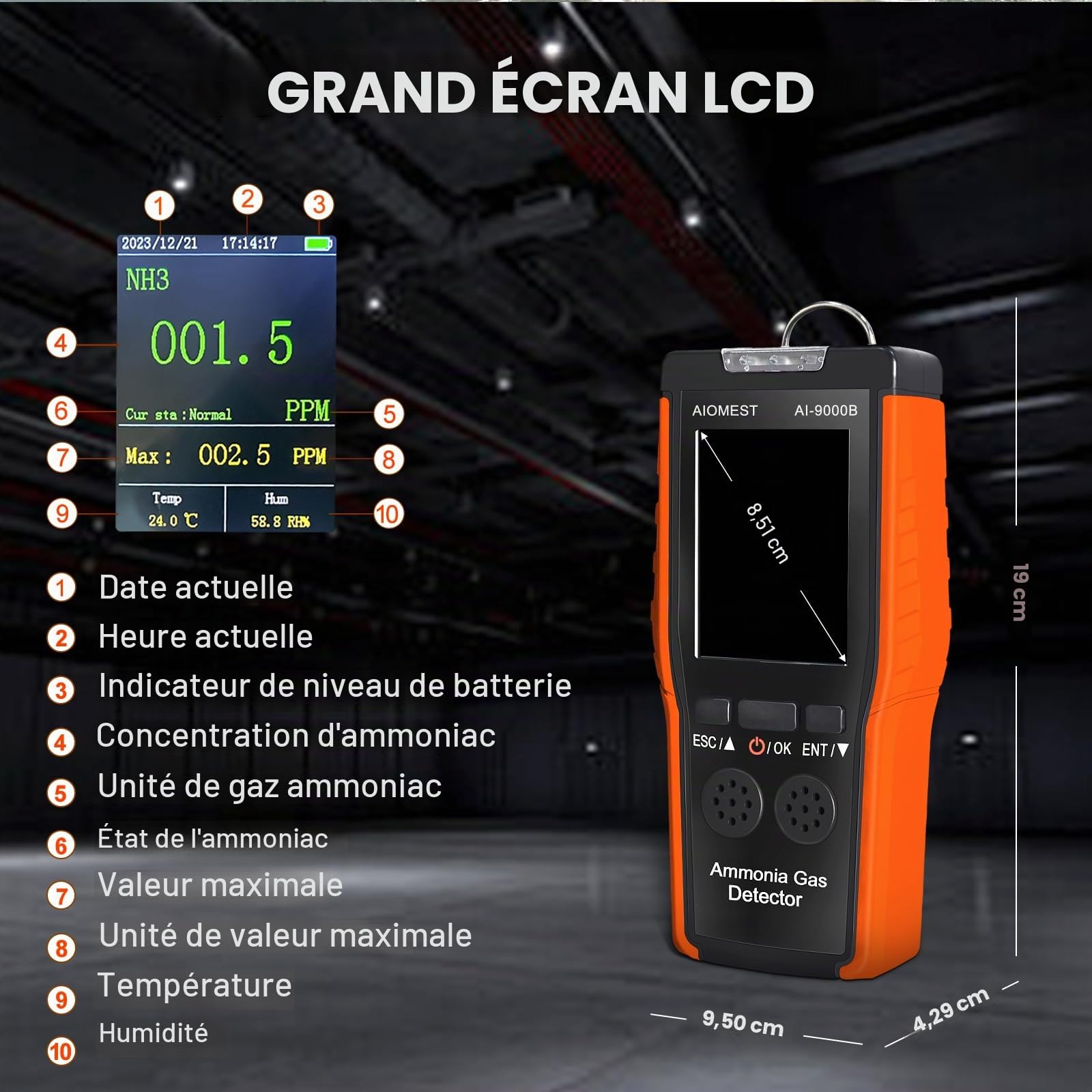 Détecteur de Gaz Ammoniac Portable, Capteur NH3 Numérique 0-100ppm avec Résolution 0.1 ppm, Enregistrement de Données et Alarme, pour l'agriculture (Étable, Ferme) et Réfrigération l'Industrie