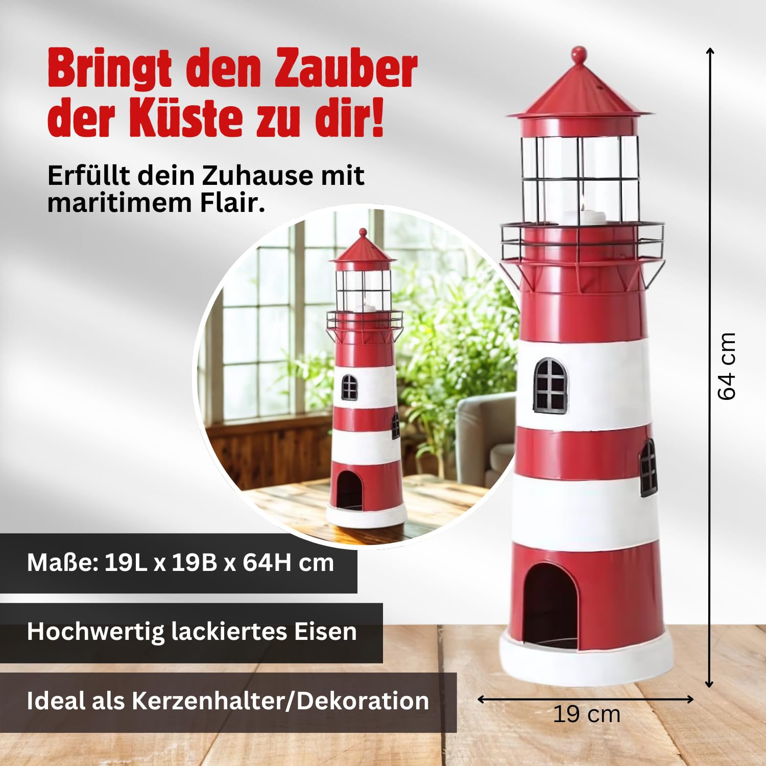 Seaside No.64 - Leuchtturm farbige Streifen - maritimes Windlicht aus Eisen, lackiert - mit Glaszylinder, Zwei Größen - Laterne, Aussichtsturm, Kerzenhalter, Wachturm, Leuchtfeuer (rot/weiß, groß)