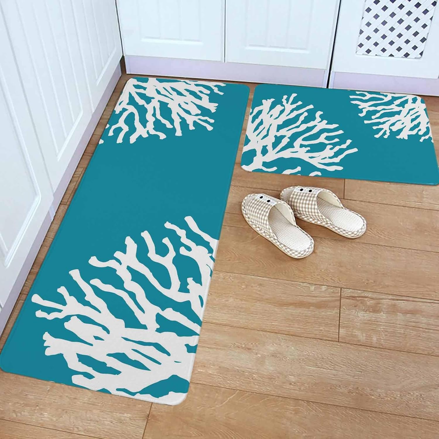 Teal Blue Coral Coastal Kitchen Rugs and Mats Set of 2, Non-Slip Kitchen Sink Mat, Nautical Ocean Summer Beach Washable Doormat Bathroom Rugs Runner for Bedroom/Living Room 17.7"x30"+17.7"x47.2"