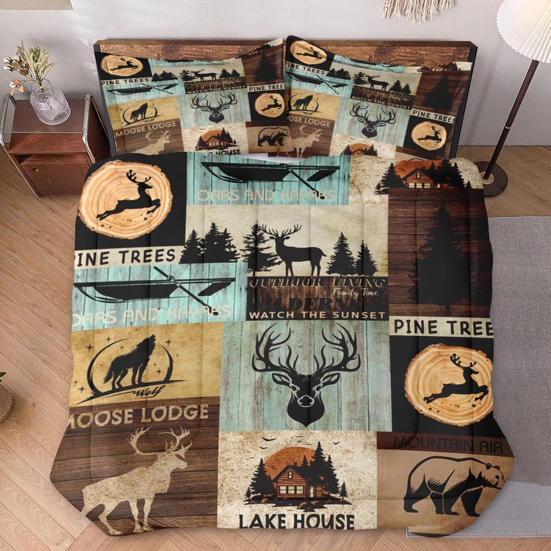 wecozy king size comforter set with 2 pillowcases, pine animal deer 3 pcs bedding for kids and adults, bear wolf tree woodboard soft comforter set for bedroom bed decor king pine deer