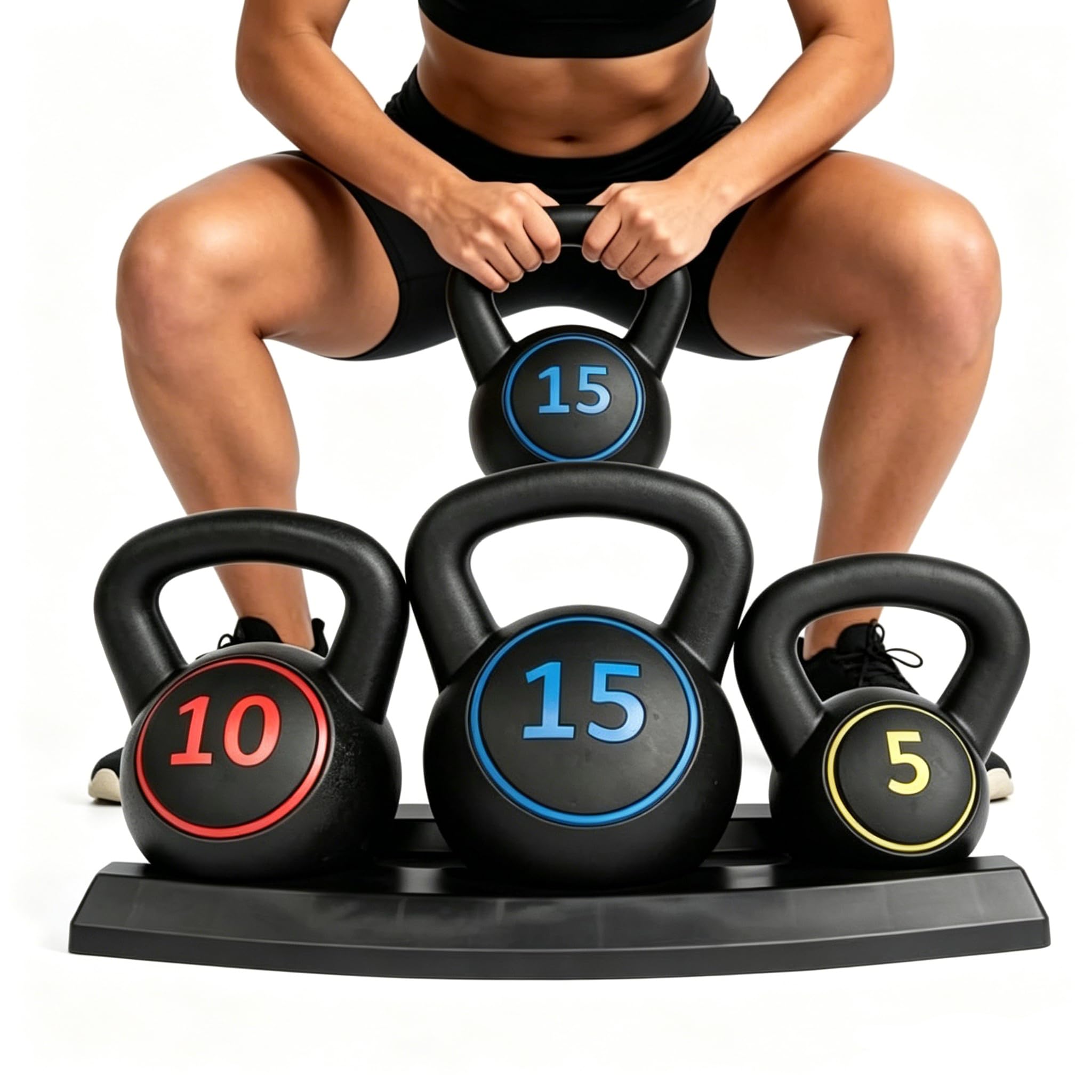 Kettlebell-Set 3-teilig 5 lb/10 lb/15 lb (2.27 kg/4.54 kg/6.8 kg), Neopren Kugelhantel mit flachem Boden & Aufbewahrungsständer, rutschfest & bodenschonend für Home Gym & Krafttraining, Schwarz