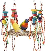 Vista 1 de Juguete de pared de forrajeo de pájaros, juguetes para masticar loros, hamaca tejida de hierba marina con cuerdas de colores, bloques de madera
