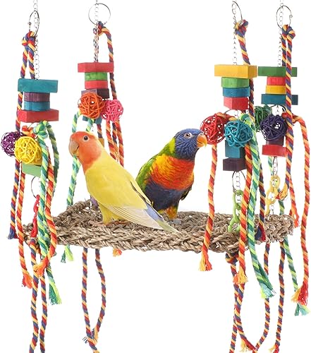 Juguete de pared de forrajeo de pájaros, juguetes para masticar loros, hamaca tejida de hierba marina con cuerdas de colores, bloques de madera para