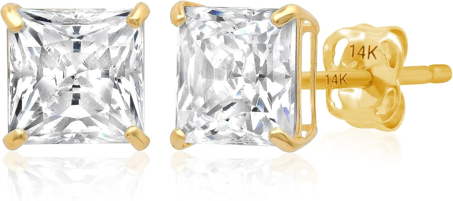14K Gold Princess Cut CZ Stud Earrings for Women & Men | Anti Tarnishing Cubic Zirconia Earrings Studs with 14K Gold Butterfly Backs | 4MM 5MM 6MM 7MM CZ Gold Earrings by MAX + STONE