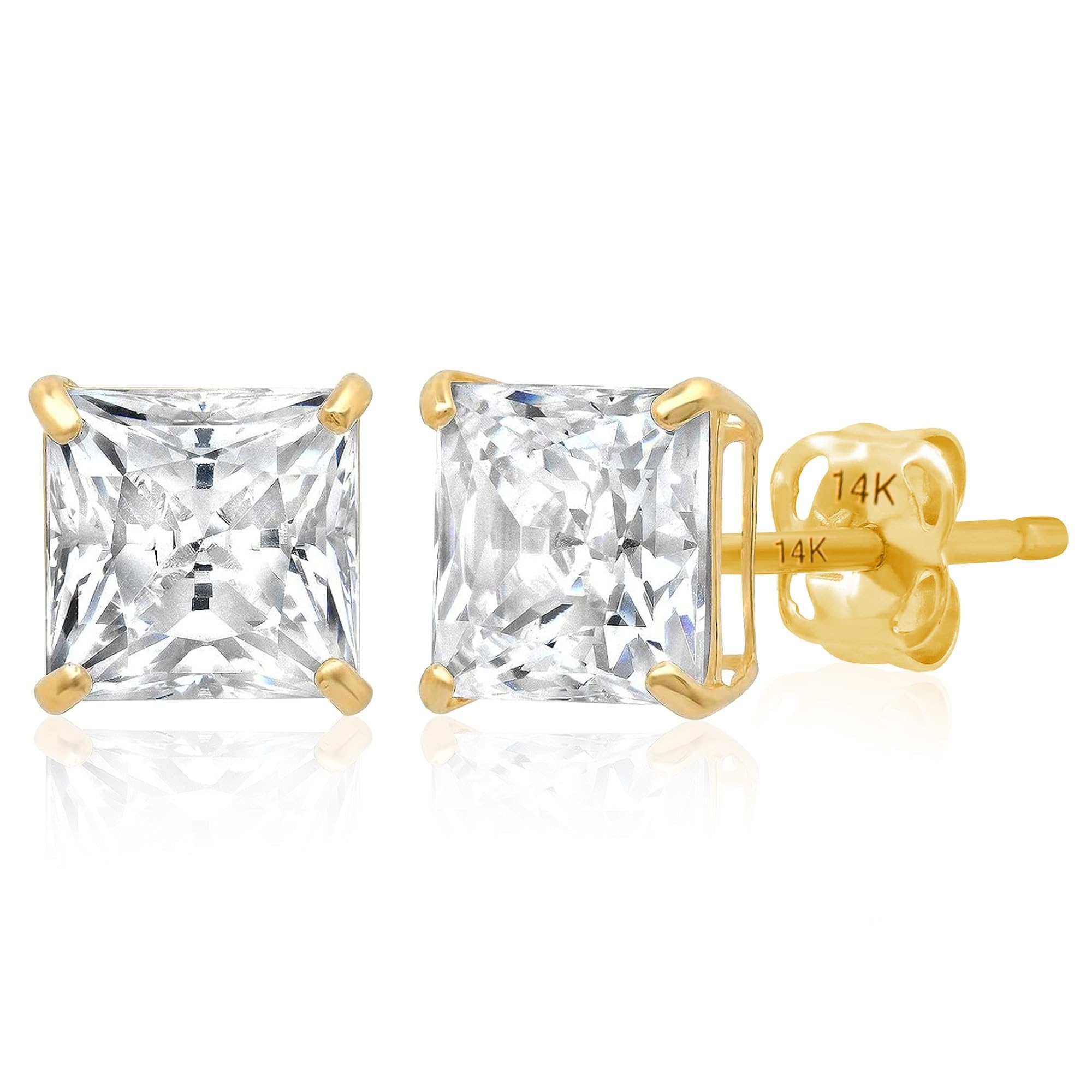 14K Gold Princess Cut CZ Stud Earrings for Women & Men | Anti Tarnishing Cubic Zirconia Earrings Studs with 14K Gold Butterfly Backs | 4MM 5MM 6MM 7MM