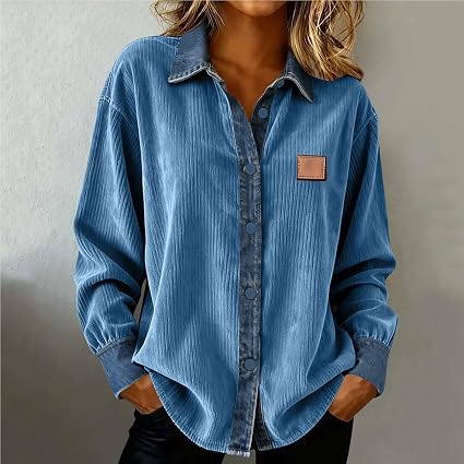 SYDUZAX Cordhemd Damen Bluse – Patchwork Denim Strick Cardigan, Langärmlige Oversized Cordjacke Mit Tasche, Lässig & Vielseitig