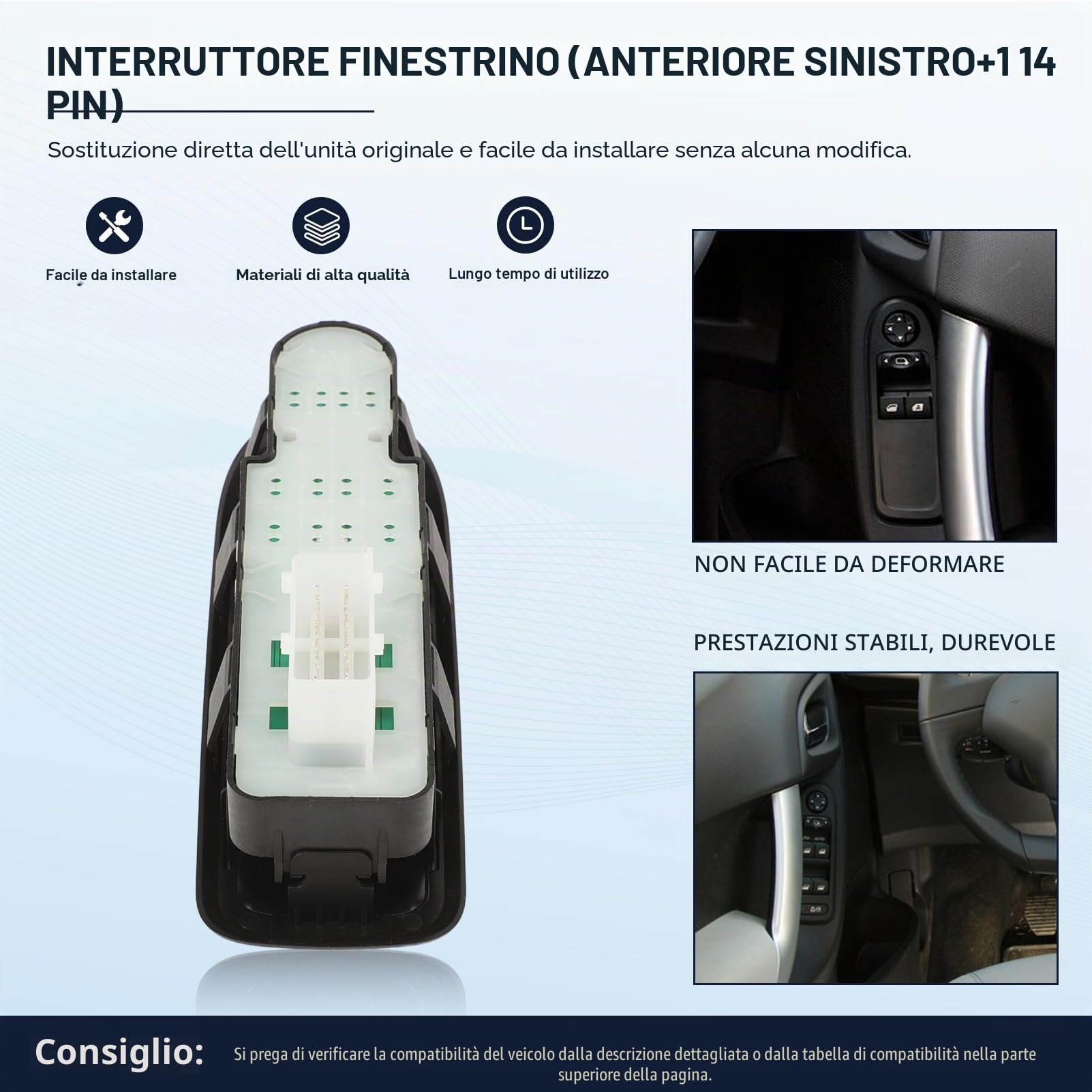 Pulsante alzacristallo elettrico anteriore sinistro (lato conducente) compatibile con C3 II Interruttore di comando alzacristallo 6490CF 96770814ZD