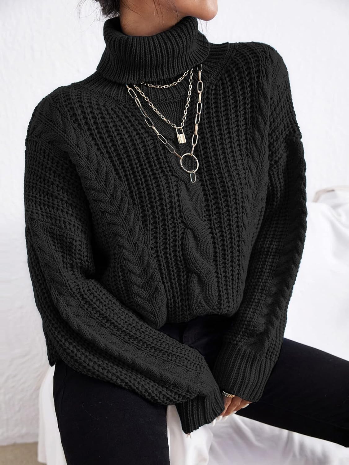 Women's Sweater Cable Knit Turtle Neck Sweater Sweater for Women (Color : Black, Size : Medium)
