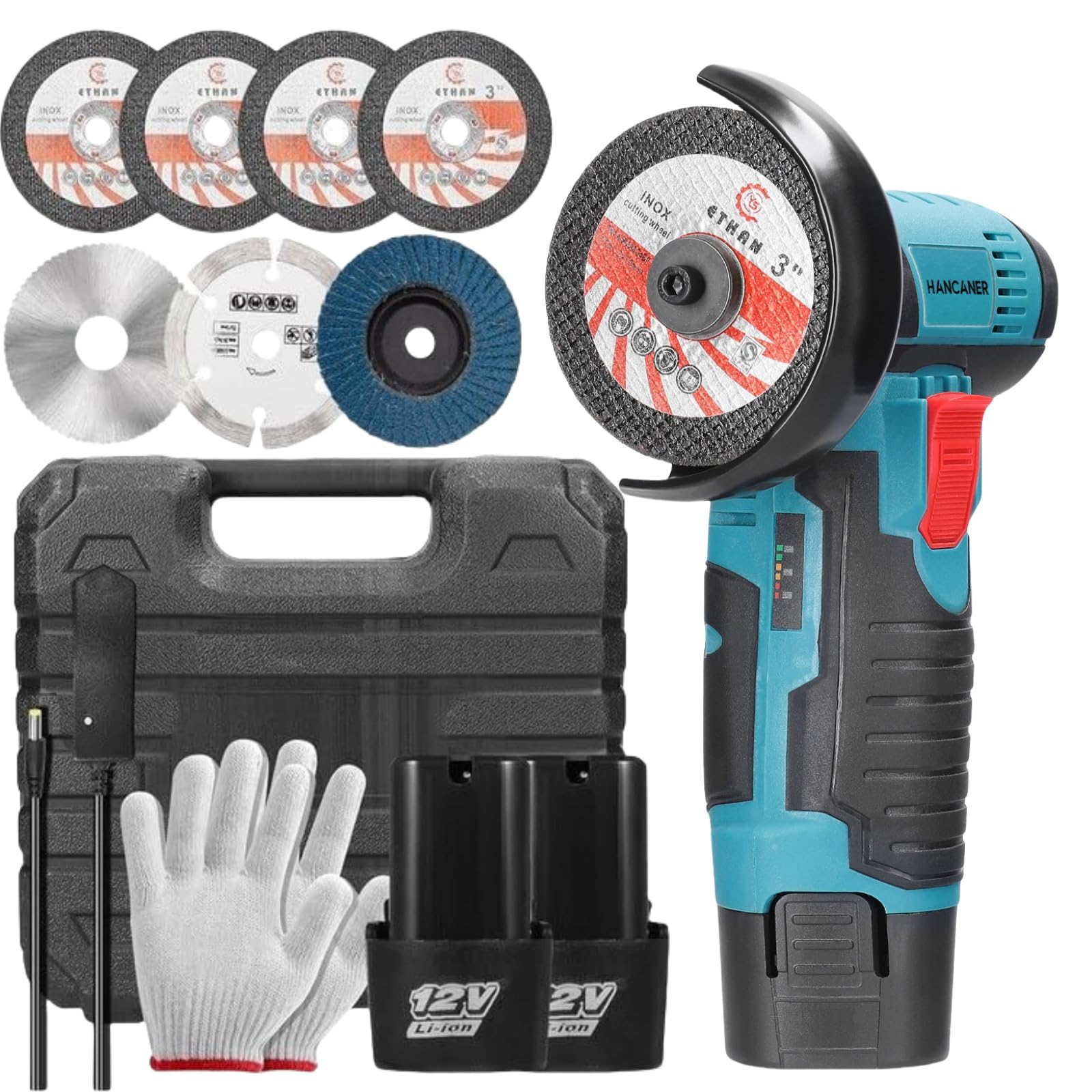 Meuleuse d'angle sans fil 12V Hancaner avec 2 batteries 2.0Ah et 6 disques de 76 mm