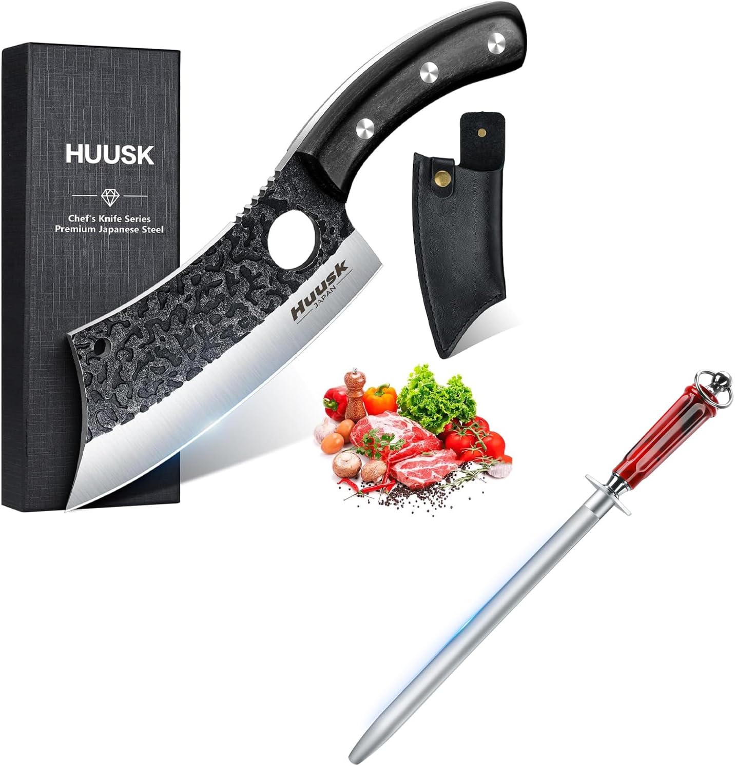 Huusk Hand Forged Meat Cleaver Knife & 10" Knife Sharpener Rod