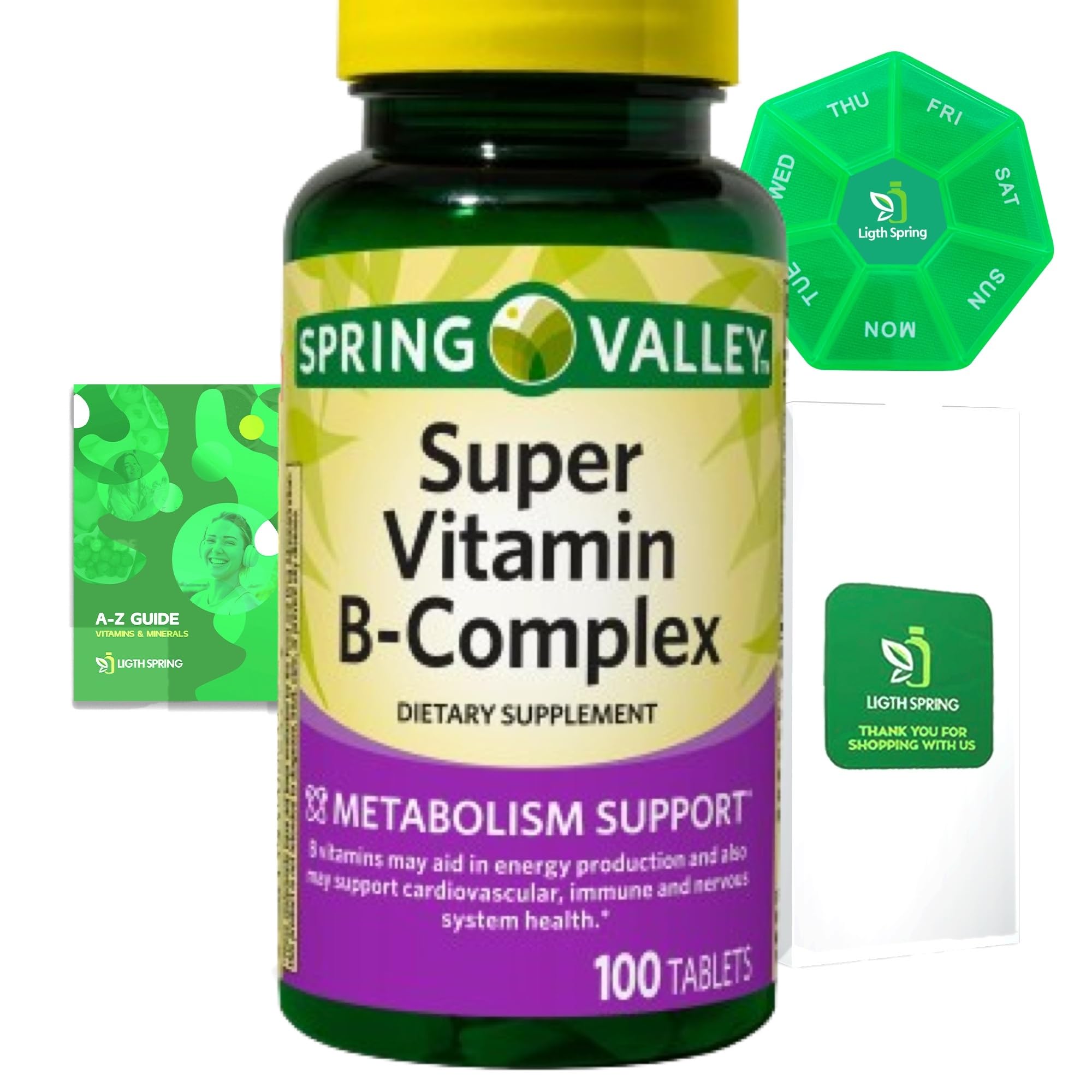 Super Vitamin B-Complex 100 Tablets Dietary Supplement Bundle Exclusive Better Ligth&Spring Guide + Weekly Pill Organize (3 Items)