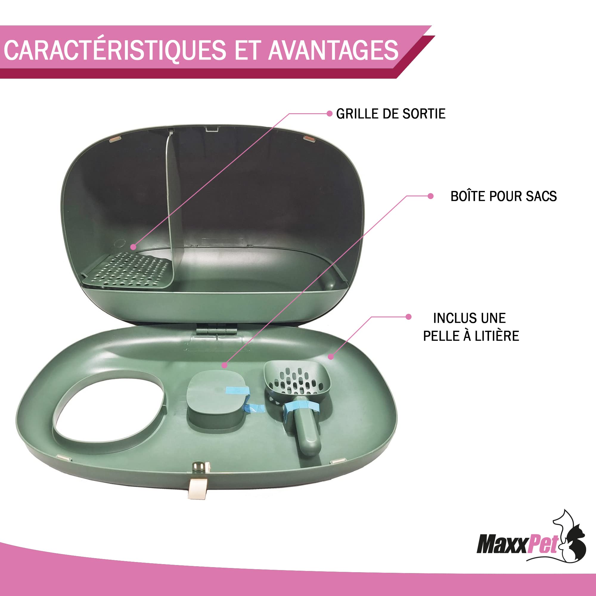 MaxxPet Bac à Litière Chat - Maison de Toilette pour Chat - Compartiment Inférieur Amovible pour Un Nettoyage Facile - 60x38x45cm - Vert