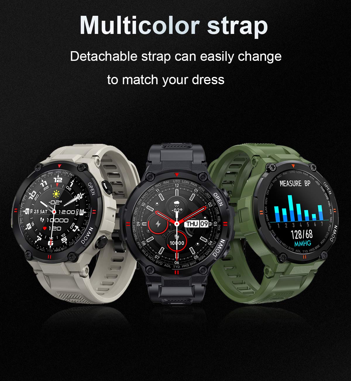 Montre connectée avec suivi de fitness, affichage rond complet de la fréquence cardiaque et de la pression artérielle, Bluetooth - Noir