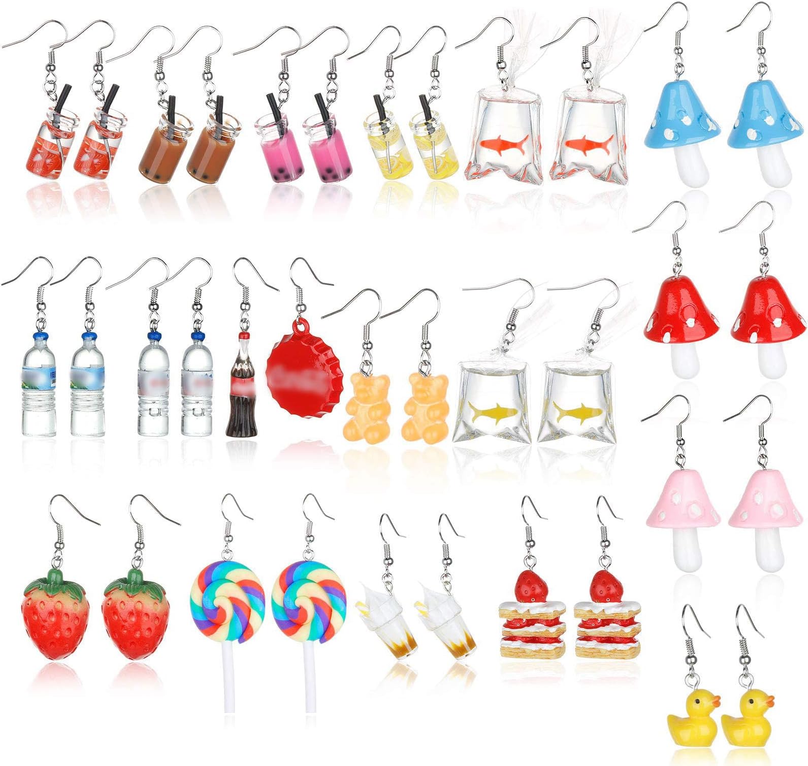 Hibijou 18-21 Pairs Cute Earrings Weird Earrings Set 3D Mushroom Goldfish Water Bottle Gummy Bear Dangle Aesthetic Earrings Food Earrings Bulk