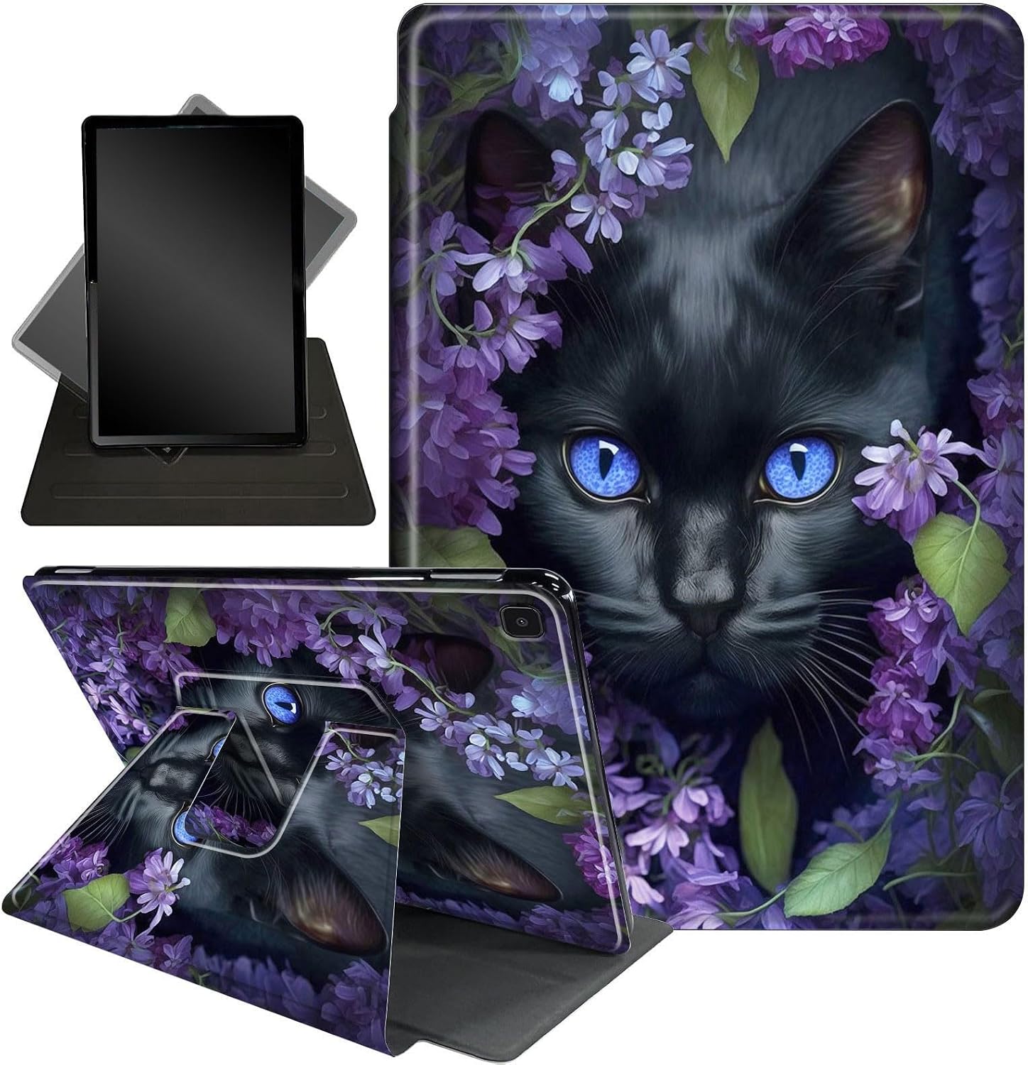 Case for Galaxy Tab A7 10.4 Inch (SM-T500 / T505 / T507),360 Degree Rotating Stand Smart Protective Cover Case for 10.4 Inch Samsung Tab A7 Tablet 2020,Cute Black Cat Flower
