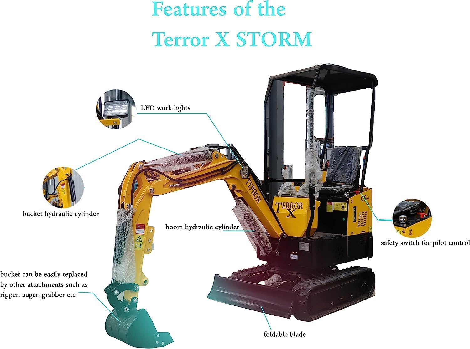 Diagram highlighting features like LED work lights, bucket hydraulic cylinder, boom hydraulic cylinder, safety switch, and foldable blade