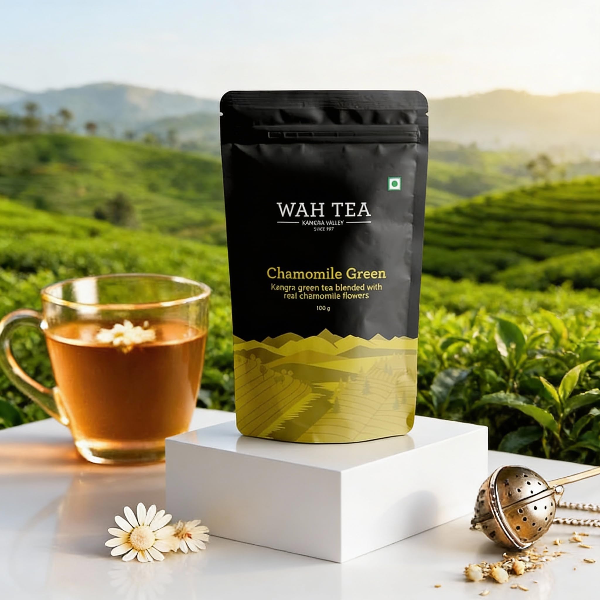 Wah Tea Chamomile Green Tea | Hand-Plucked Whole Leaf from Kangra Valley | 100% Natural & Pesticide-Free | Rich Aroma & Antioxidant-Rich Herbal Blend | Relaxing & Calming Wellness Tea | 100g