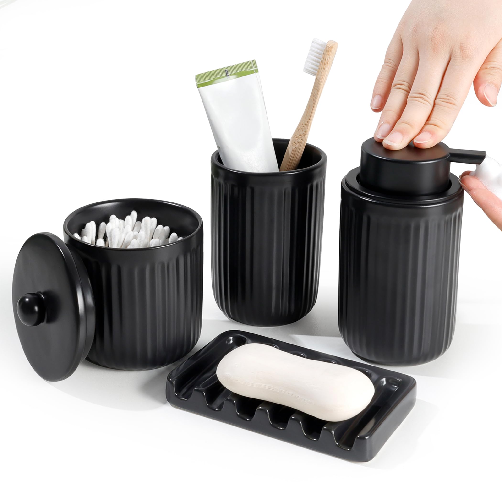 BosilunLife Striped Black Ceramic Bathroom Accessories Set of 4