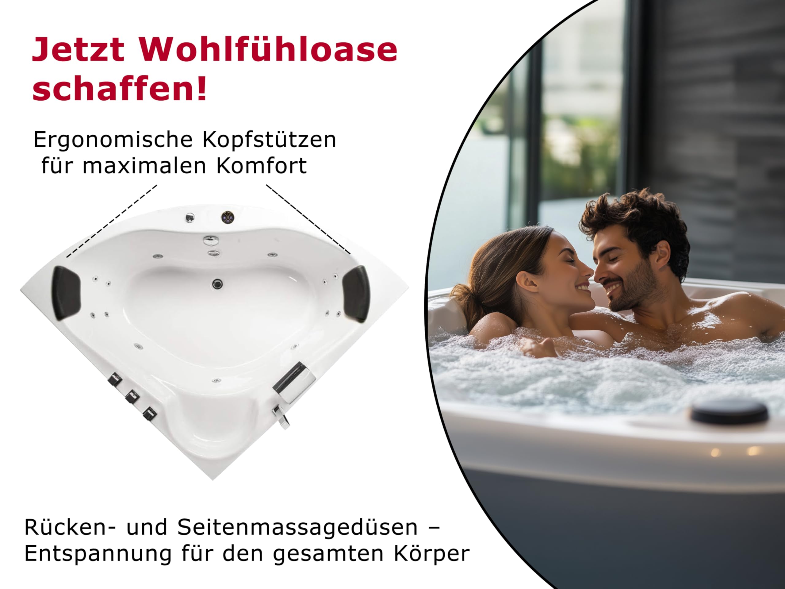 Whirlpool Vasca Caraibi Basic Made in Germany 140 x 140 + 150 x 150 cm con 13 Massaggio Ugelli + Illuminazione Subacquea/Luce + Balboa + con Rubinetti