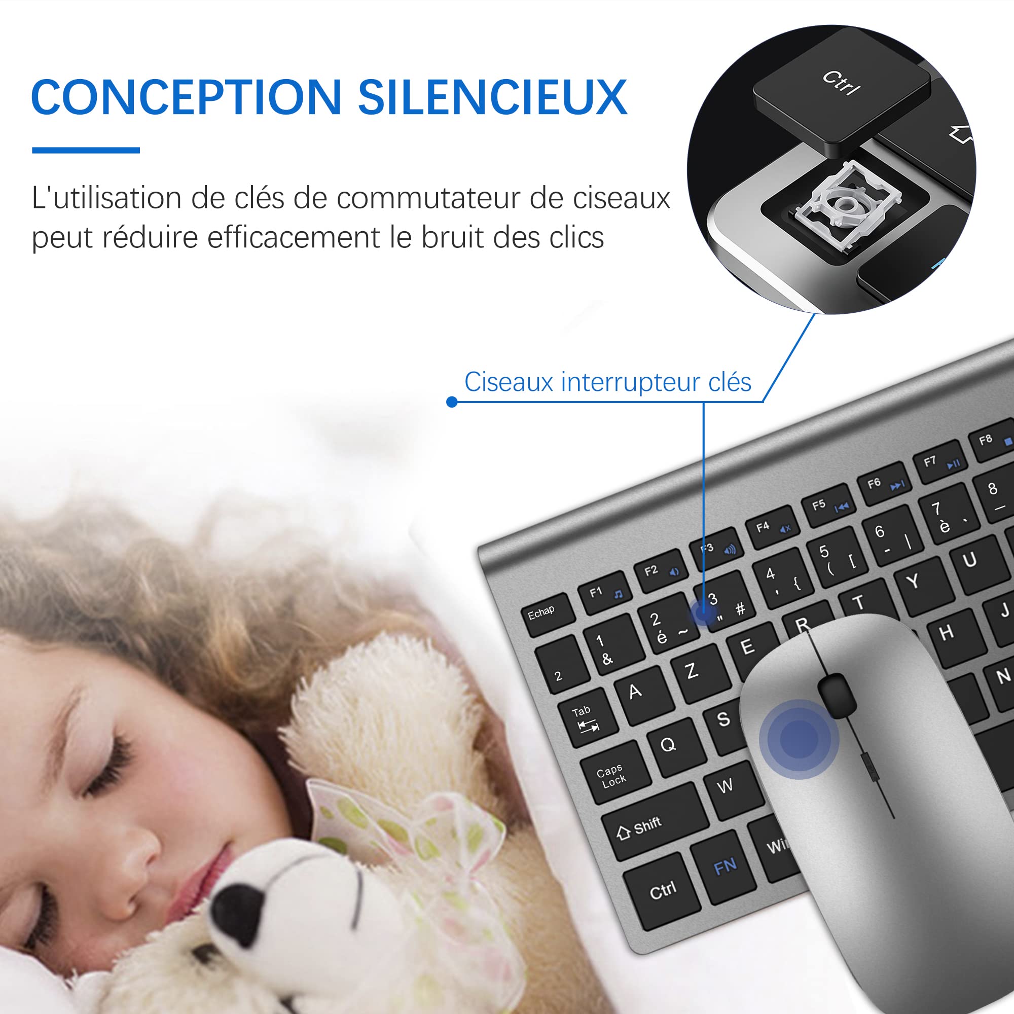 TopMate Ensemble Clavier et Souris sans Fil Ultra-Mince, 2.4G Silent Compact Clavier de Souris 2400DPI Pleine Taille, Clavier avec Couvercle, Piles 2 AA et AAA, pour PC/Laptop/Windows/Mac - Gris Noir