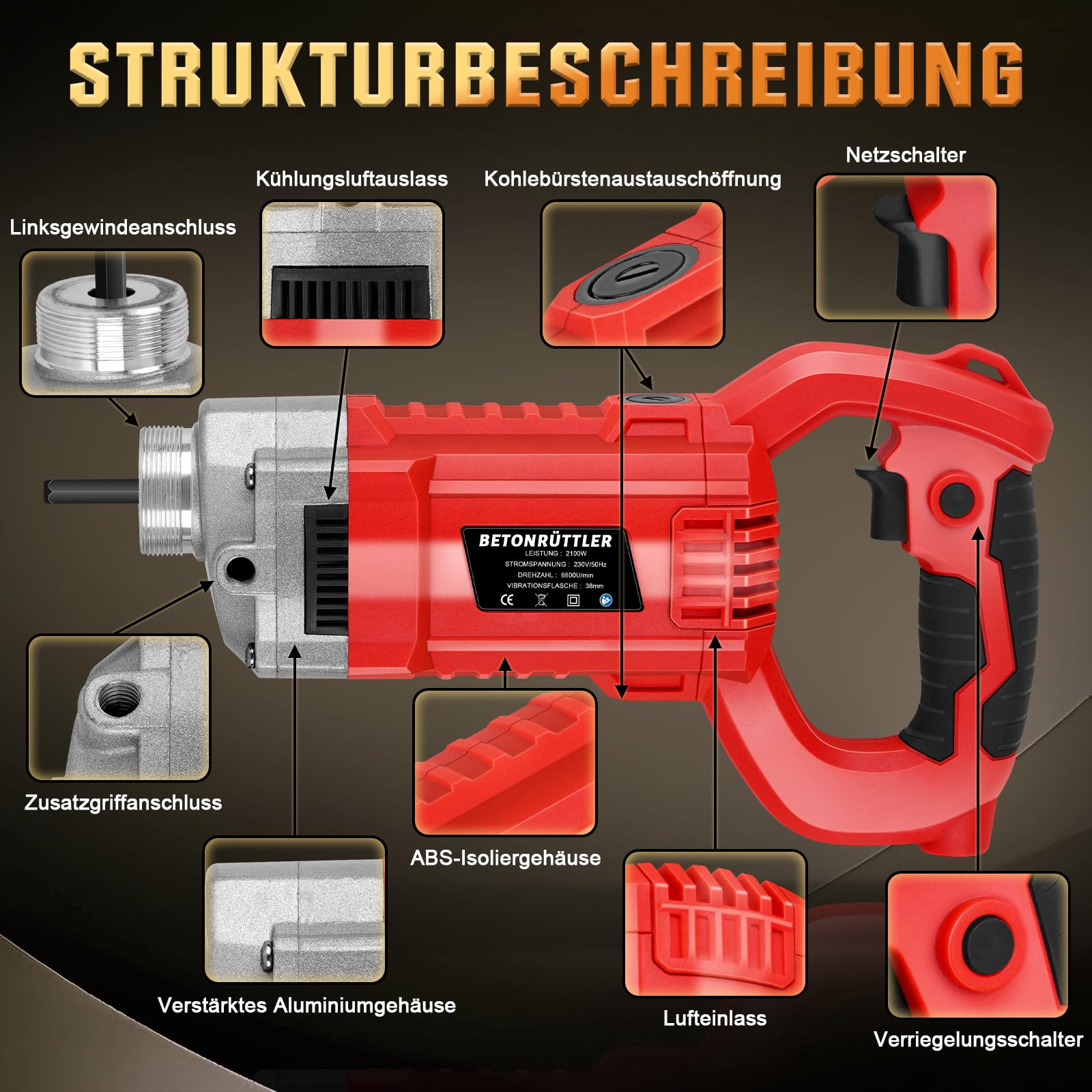 Betonrüttler 2100W mit 2m SCHLAUCHLÄNGE, 38 mm Flaschenrüttler | Elektro Betonverdichter, Beton Rüttelflasche, Rührwellendrehzahl 6800 U/min, Beton Rüttelflasche für Hausbau, Brückenbau