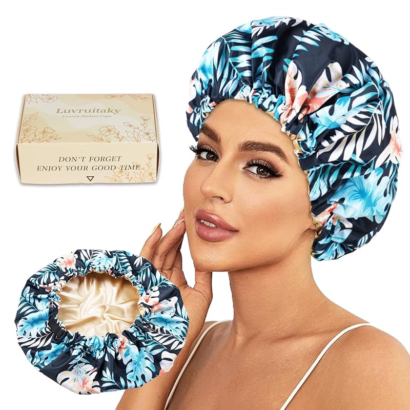 Touca de banho grande Luvruitaky com forro de cetim, faixa ajustável e camada dupla, Black Palm