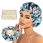 Luvruitaky Large Shower Caps for Women Reusable Waterproof Satin Lined Shower Cap with Adjustable Band Double Layer Design Luxury Washable Bath Hair Bonnet (Black Palm)