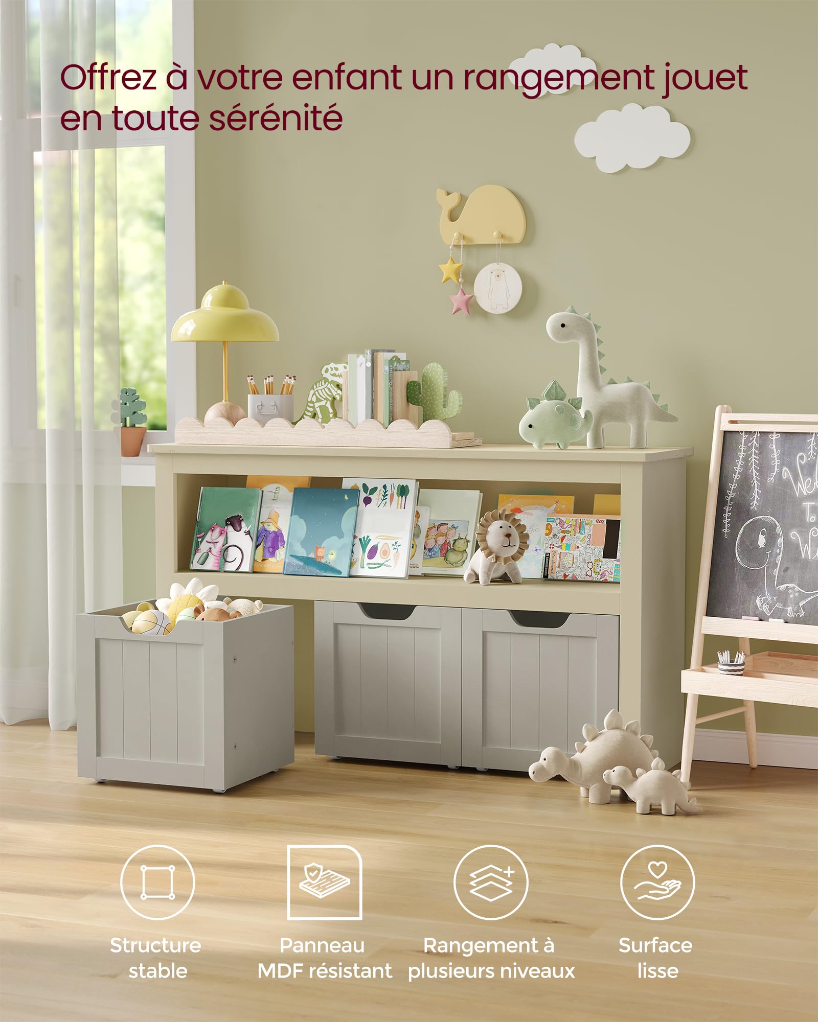 VASAGLE Meuble de Rangement pour Jouets, Étagère pour Enfants, Armoire, Commode, avec 3 Rangements à roulettes, pour Salon, Chambre, Salle de Jeu, 30 x 102 x 60 cm, Beige Sable LHS380K01